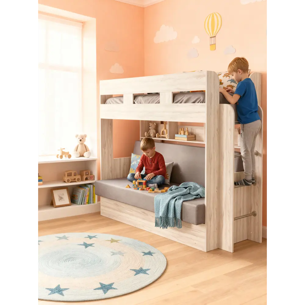 Фото Кровать двухъярусная Дива 120x190 см подъемный механизм цвет дуб крафт белый/серый Фото Кровать двухъярусная Дива 120x190 см подъемный механизм цвет дуб крафт белый/серый