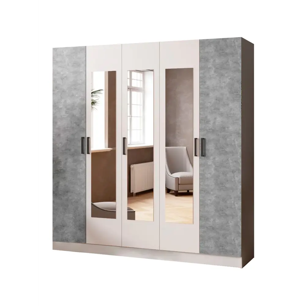 Фото Шкаф распашной Micon Ларс с 5 дверями и зеркалом 200x210x51 см ЛДСП цвет белый/ателье светлое Фото Шкаф распашной Micon Ларс с 5 дверями и зеркалом 200x210x51 см ЛДСП цвет белый/ателье светлое