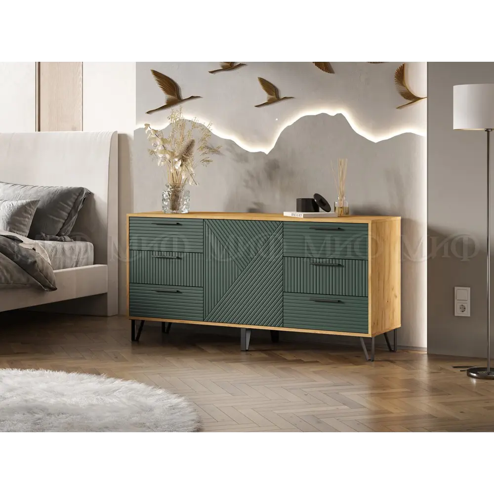 Фото Комод Престиж Флэш 6 ящиков 150х42.6х73 см ЛДСП цвет дуб крафт/браш мени грин