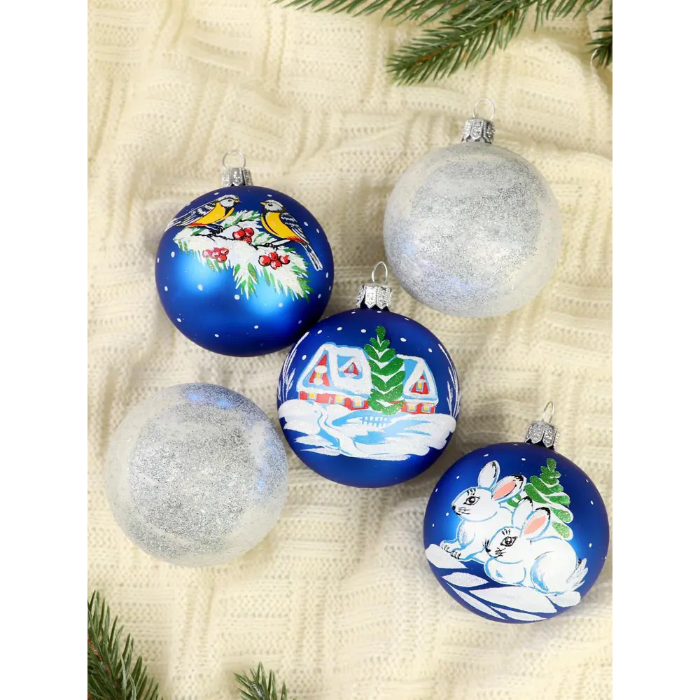Фото Набор елочных шаров Ёлочка Стужа 1485923 ø 6 см стекло синий 5 шт Фото Набор елочных шаров Ёлочка Стужа 1485923 ø 6 см стекло синий 5 шт