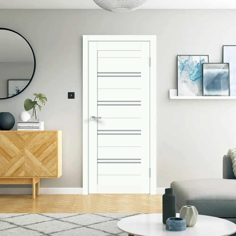 Фото 2 Комплект межкомнатной двери Velldoris Xline 4 остеклённая 200x90см ПЭТ (полиэтилентерефталат) цвет белый опал с коробом и наличниками