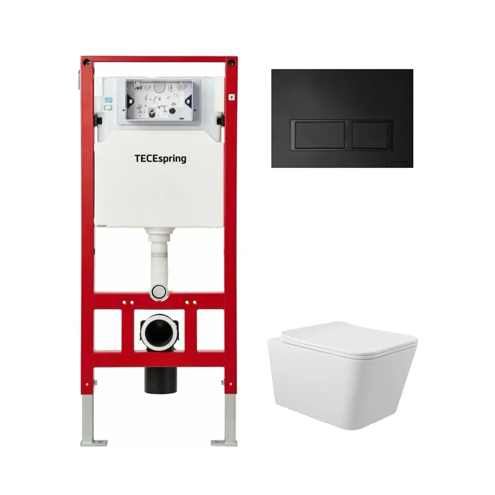 Фото 4 Инсталляция TECE spring с прямоугольными клавишами черный матовый унитаз подвесной безободковый ADT Long 52.5x34.5 Vortex белый матовый квадрат