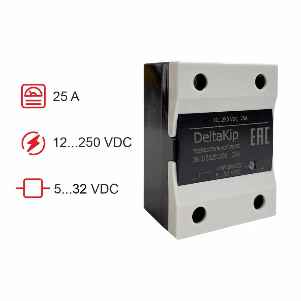 Фото Однофазное твердотельное реле для коммутации цепей постоянного тока Deltakip DK1-2525.DD3 25А Фото Однофазное твердотельное реле для коммутации цепей постоянного тока Deltakip DK1-2525.DD3 25А