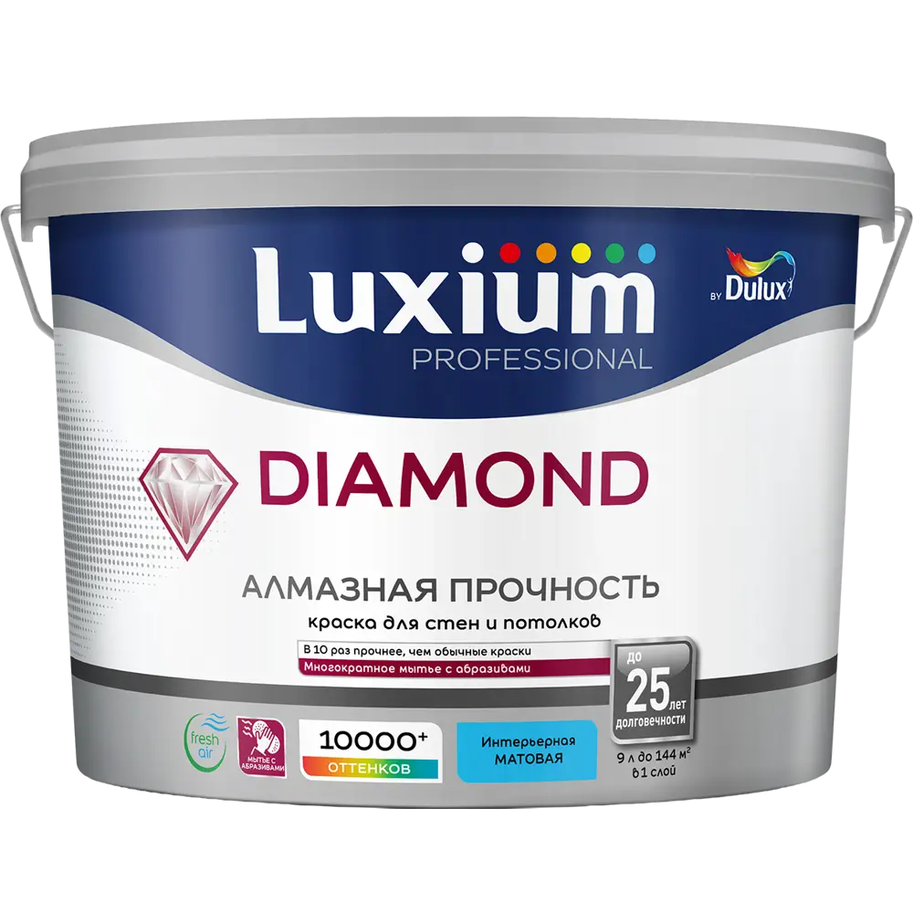Фото Краска для стен и потолков моющаяся Luxium Diamond матовая цвет белый база BW 9 л Фото Краска для стен и потолков моющаяся Luxium Diamond матовая цвет белый база BW 9 л