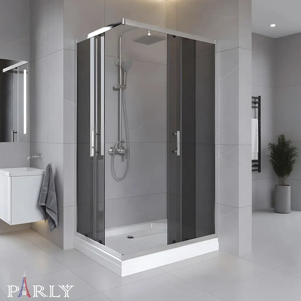 Фото Душевой уголок с поддоном Parly QZ71S N 70x100x195 низкий поддон профиль хром стекло тонированое Фото Душевой уголок с поддоном Parly QZ71S N 70x100x195 низкий поддон профиль хром стекло тонированое