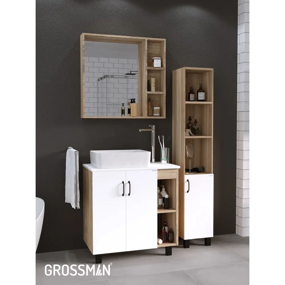 Фото 8 Тумба со столешницей и раковиной Grossman Флай 80 см напольная цвет дуб соном/белый Фото 8 Тумба со столешницей и раковиной Grossman Флай 80 см напольная цвет дуб соном/белый