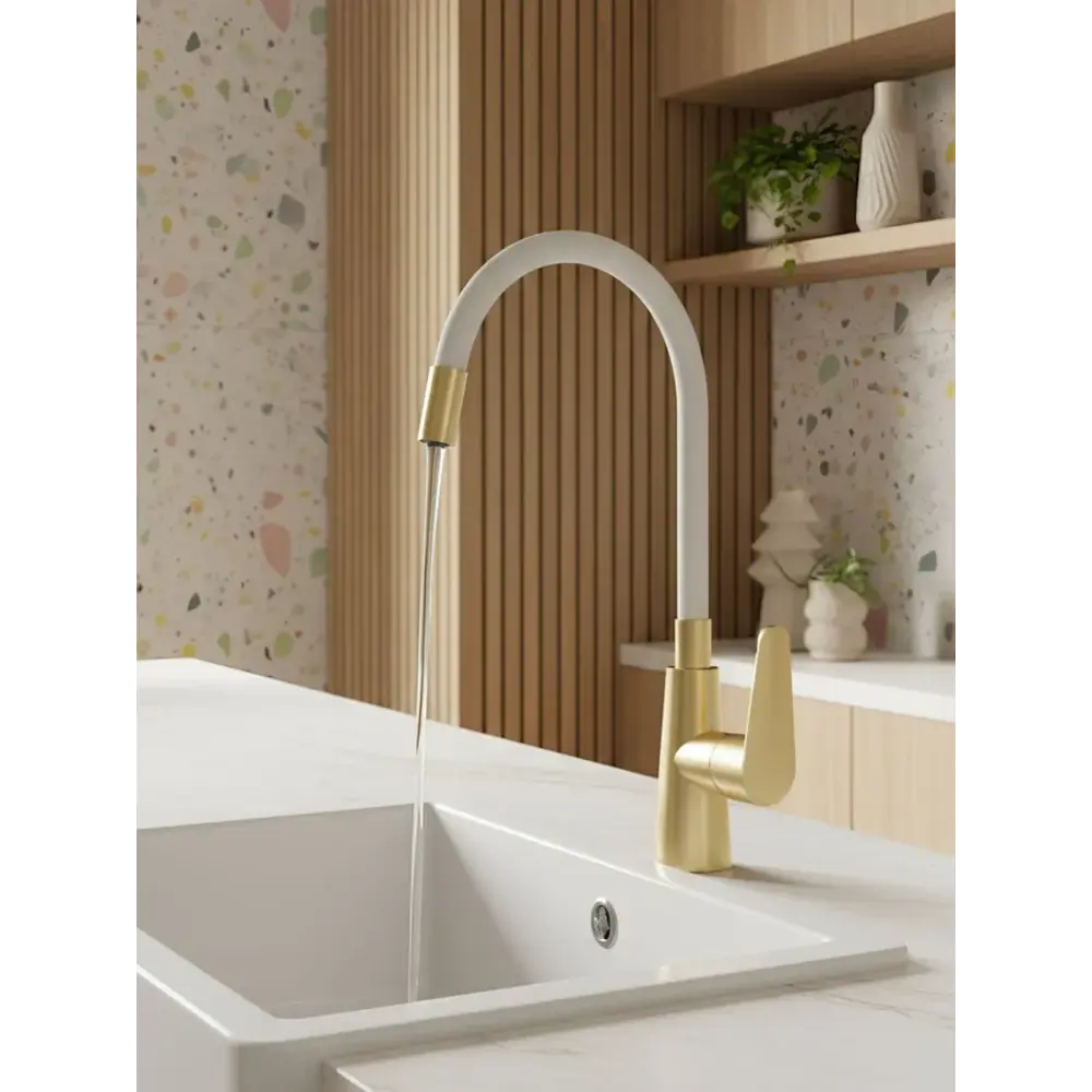 Фото Смеситель для кухни Esko K48GLW гибкий излив 35 см цвет белый, золотой
