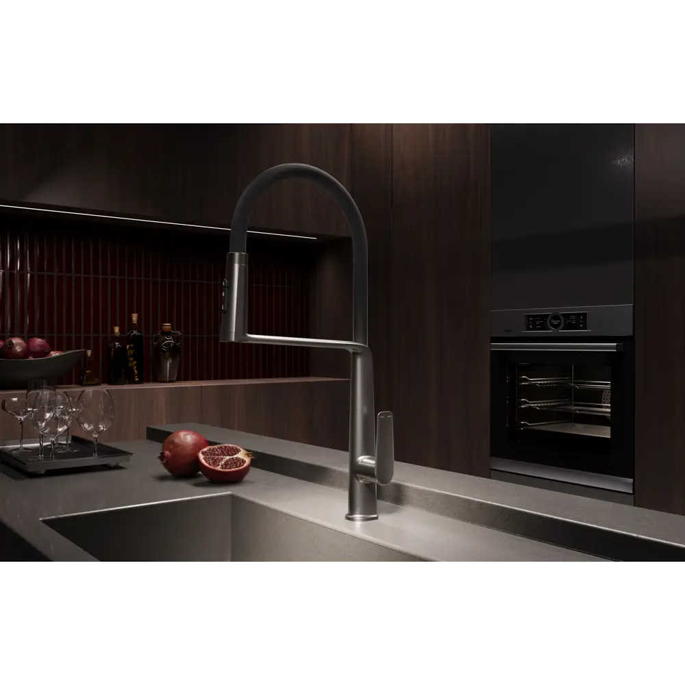 Фото 2 Смеситель для кухни Vincea VKF-118GM гибкий излив 27.2 см цвет вороненая сталь Фото 2 Смеситель для кухни Vincea VKF-118GM гибкий излив 27.2 см цвет вороненая сталь