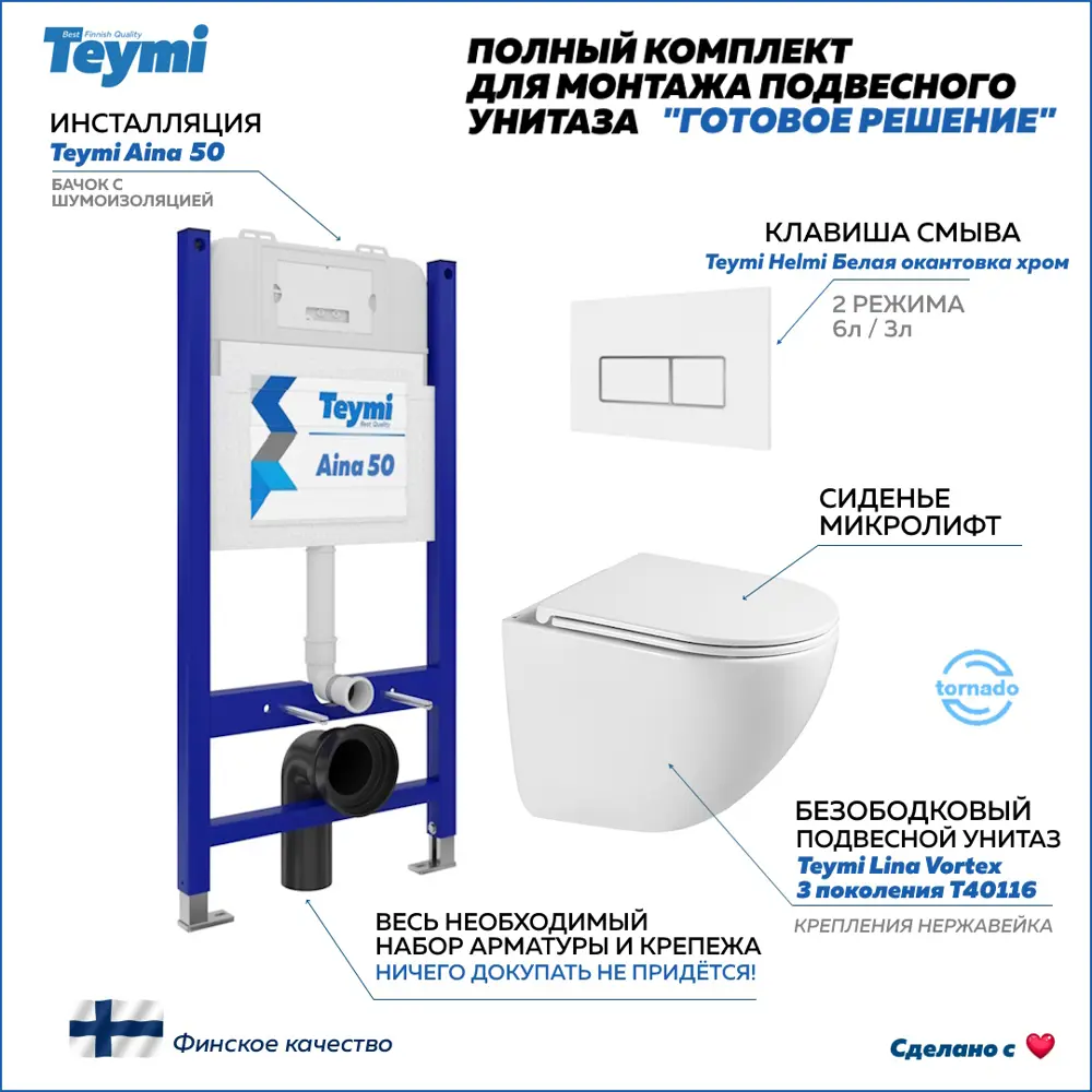 Фото Инсталляция с унитазом комплект 5 в 1 Teymi F16259 унитаз подвесной безободковый Lina Vortex кнопка белая/хром Фото Инсталляция с унитазом комплект 5 в 1 Teymi F16259 унитаз подвесной безободковый Lina Vortex кнопка белая/хром