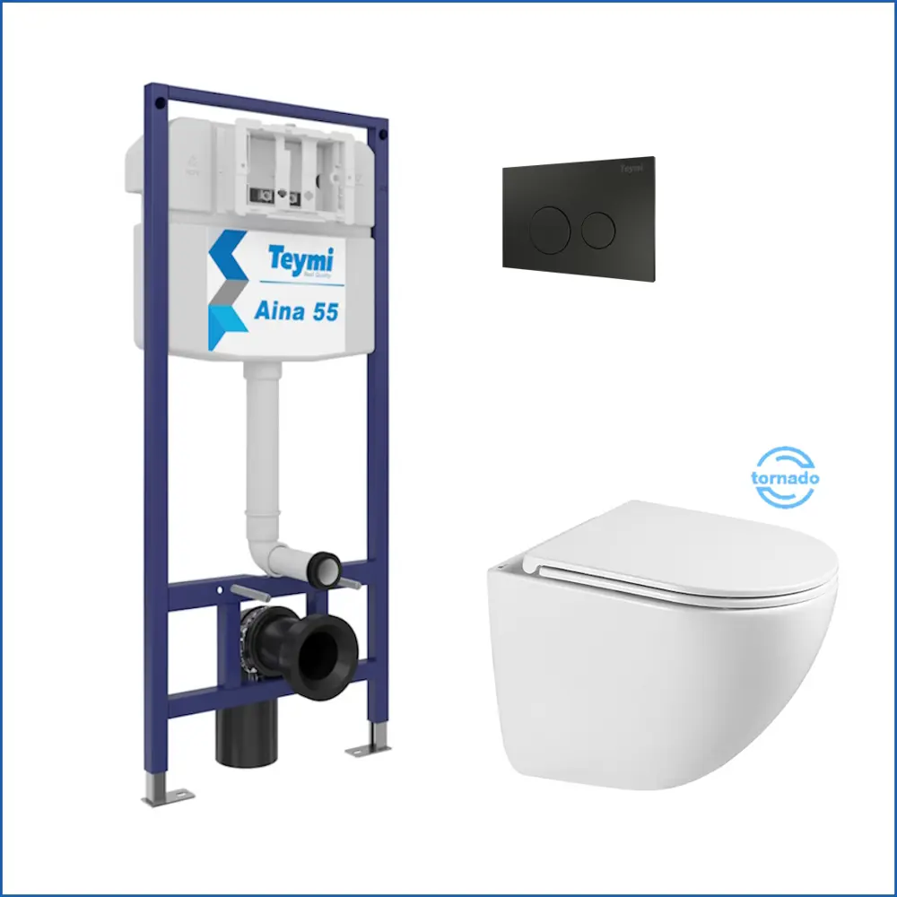 Фото 2 Инсталляция с унитазом комплект 5 в 1 Teymi F16283 унитаз подвесной безободковый Lina Vortex кнопка черная