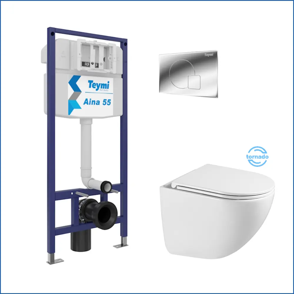 Фото 2 Инсталляция с унитазом комплект 5 в 1 Teymi F16295 унитаз подвесной безободковый Lina Vortex кнопка хром