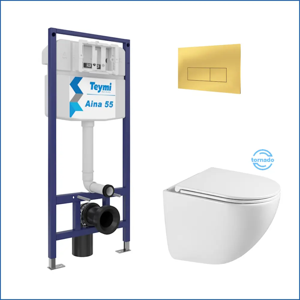 Фото 2 Инсталляция с унитазом комплект 5 в 1 Teymi F16303 унитаз подвесной безободковый Lina Vortex кнопка золото Фото 2 Инсталляция с унитазом комплект 5 в 1 Teymi F16303 унитаз подвесной безободковый Lina Vortex кнопка золото