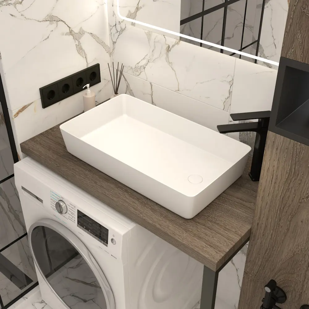 Фото 5 Раковина Teymi Kaarina T50312 60 накладная со смещенным сливом белая Фото 5 Раковина Teymi Kaarina T50312 60 накладная со смещенным сливом белая