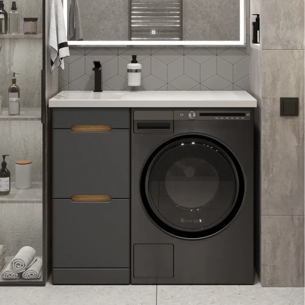 Фото 2 Тумба с раковиной RUVANN VIRTA 40 раковина Даллас 100 левый в ванную напольная цвет дуб вотан, графит софт Фото 2 Тумба с раковиной RUVANN VIRTA 40 раковина Даллас 100 левый в ванную напольная цвет дуб вотан, графит софт