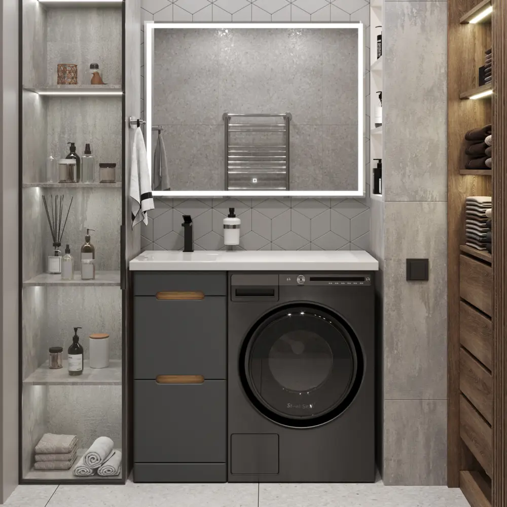 Фото 3 Тумба с раковиной RUVANN VIRTA 40 раковина Даллас 100 левый в ванную напольная цвет дуб вотан, графит софт Фото 3 Тумба с раковиной RUVANN VIRTA 40 раковина Даллас 100 левый в ванную напольная цвет дуб вотан, графит софт