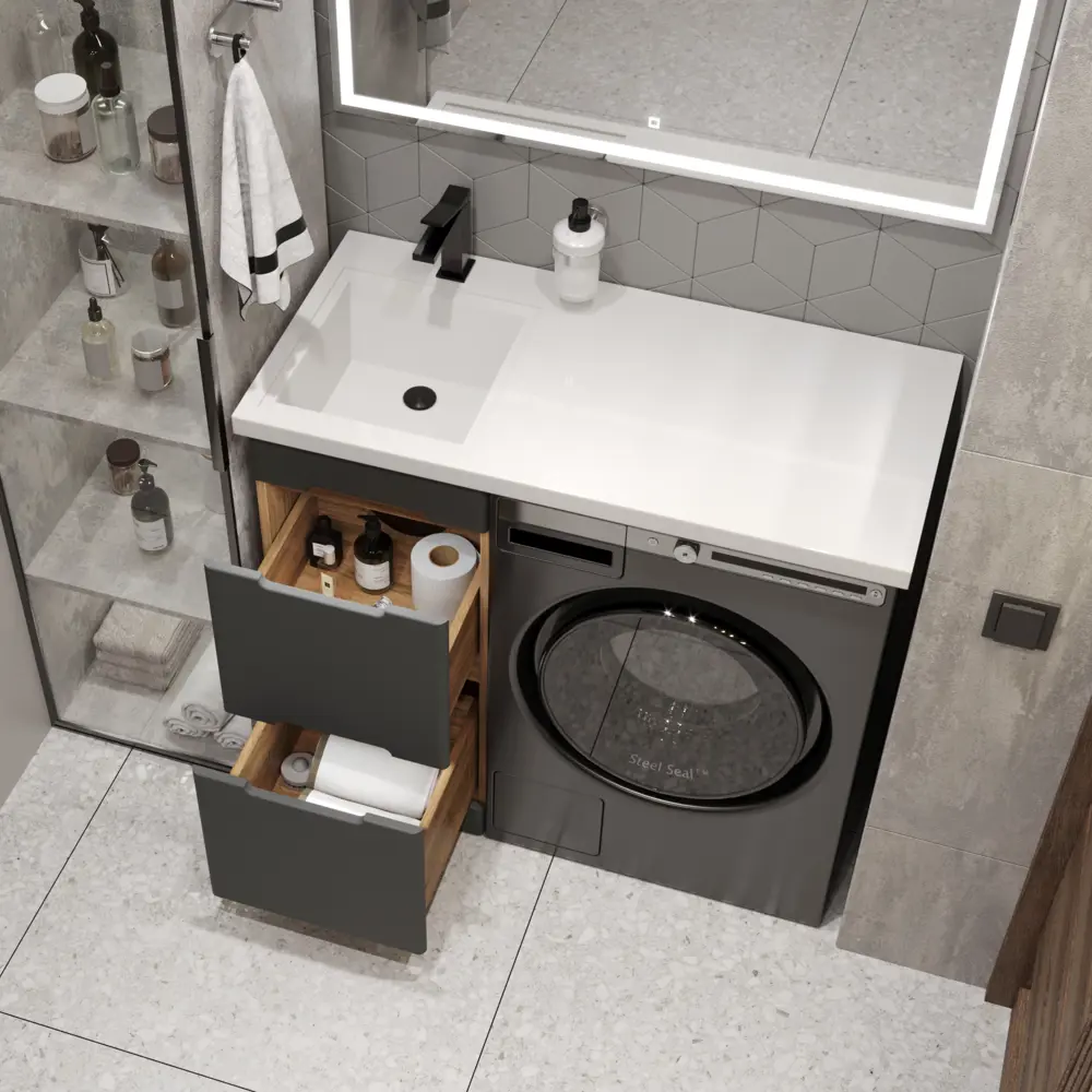 Фото 4 Тумба с раковиной RUVANN VIRTA 40 раковина Даллас 100 левый в ванную напольная цвет дуб вотан, графит софт Фото 4 Тумба с раковиной RUVANN VIRTA 40 раковина Даллас 100 левый в ванную напольная цвет дуб вотан, графит софт