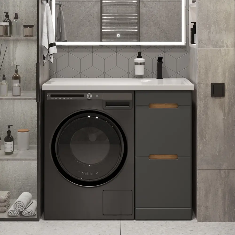 Фото 2 Тумба с раковиной RUVANN VIRTA 40 раковина Даллас 100 правый в ванную напольная цвет дуб вотан, графит софт