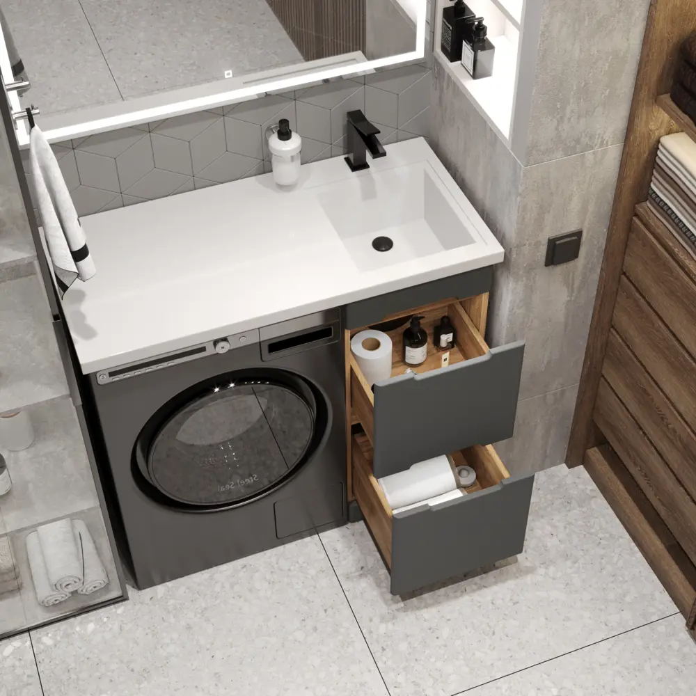 Фото 4 Тумба с раковиной RUVANN VIRTA 40 раковина Даллас 100 правый в ванную напольная цвет дуб вотан, графит софт