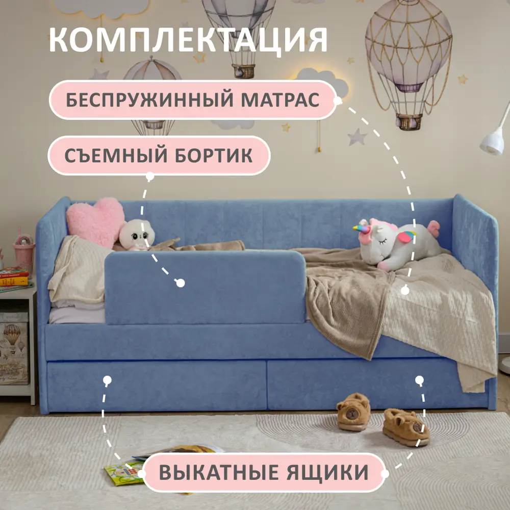 Фото 2 Кровать-тахта Romack Polly с матрасом 97x80x208 см ДСП цвет лазурный