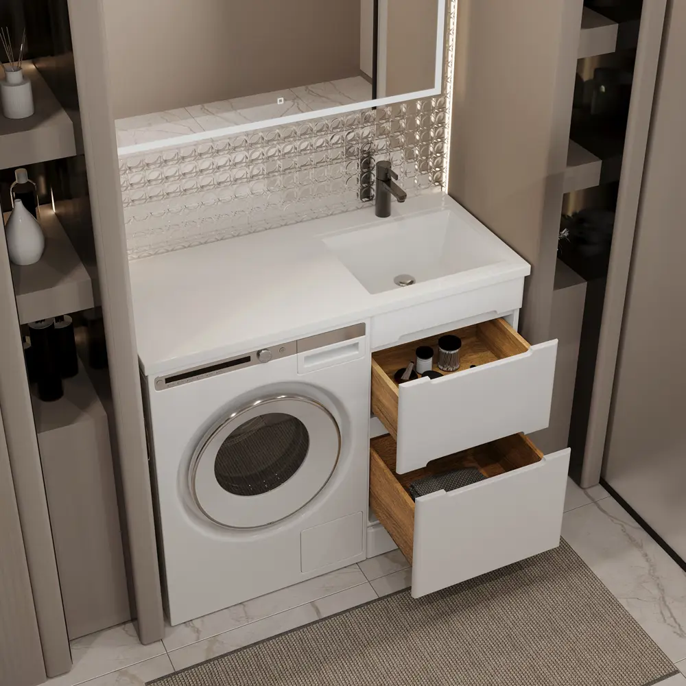 Фото 4 Тумба с раковиной RUVANN DUET 50 раковина Даллас 110 правый в ванную напольная цвет белый Фото 4 Тумба с раковиной RUVANN DUET 50 раковина Даллас 110 правый в ванную напольная цвет белый