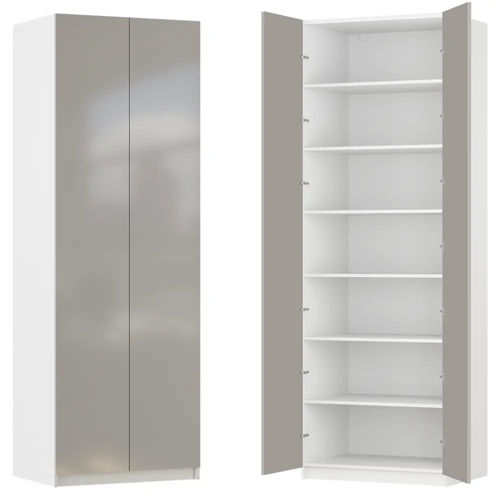 Фото Шкаф распашной Лион серый глянец с 6 полками 80х232,2х54,5 ЛДСП каркас белый Фото Шкаф распашной Лион серый глянец с 6 полками 80х232,2х54,5 ЛДСП каркас белый