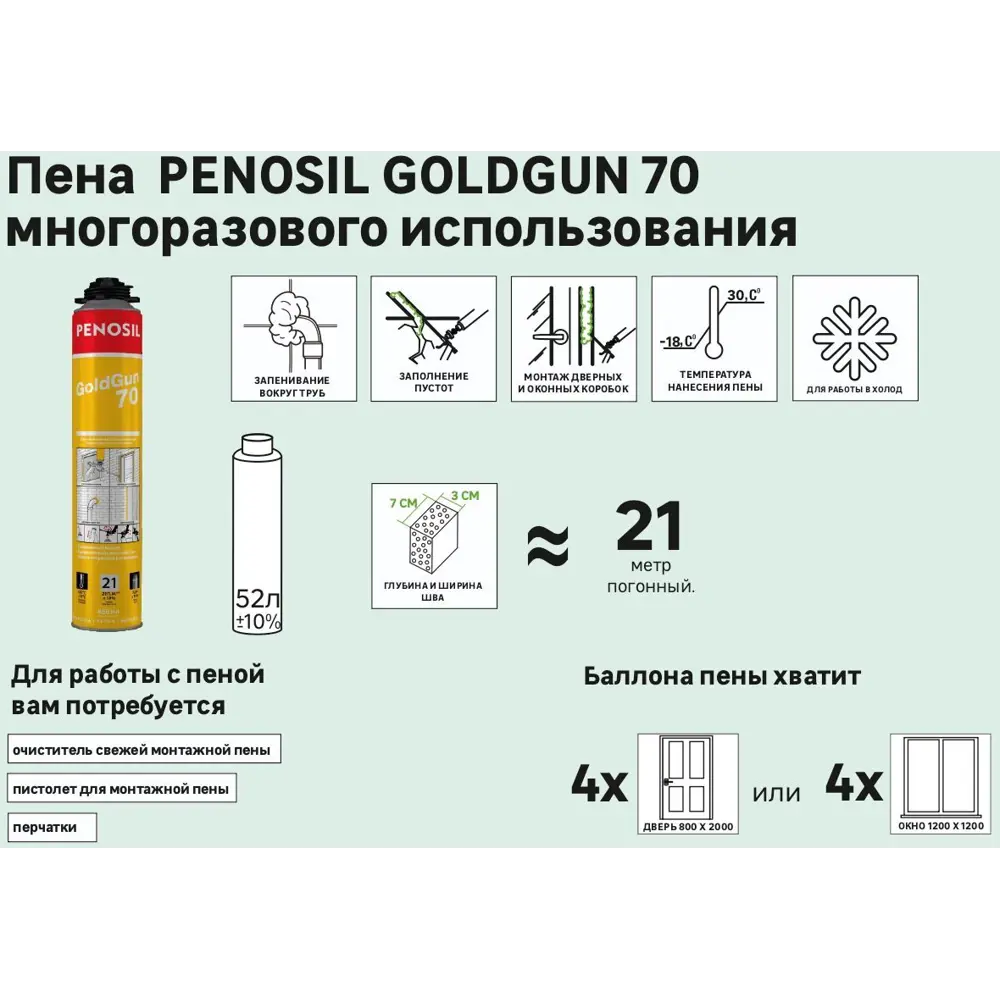 Фото 4 Пена монтажная профессиональная Penosil GoldGun 70 выход пены 65 л всесезонная 880 мл