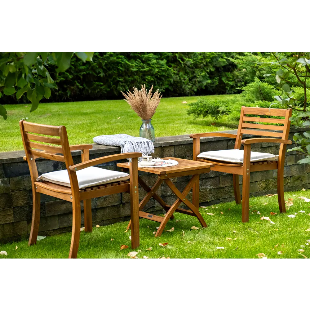 Фото Набор садовой мебели Joygarden Karo 52201/52211 акация коричневый 2 стула стол Фото Набор садовой мебели Joygarden Karo 52201/52211 акация коричневый 2 стула стол
