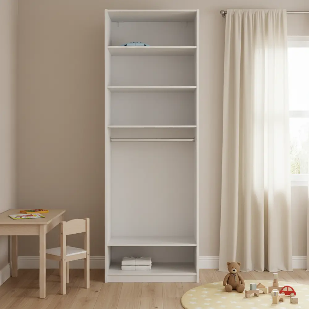 Фото 3 Шкаф открытый Лион 80х232,2х54,5 с 4 полками и  штангой  ЛДСП белый