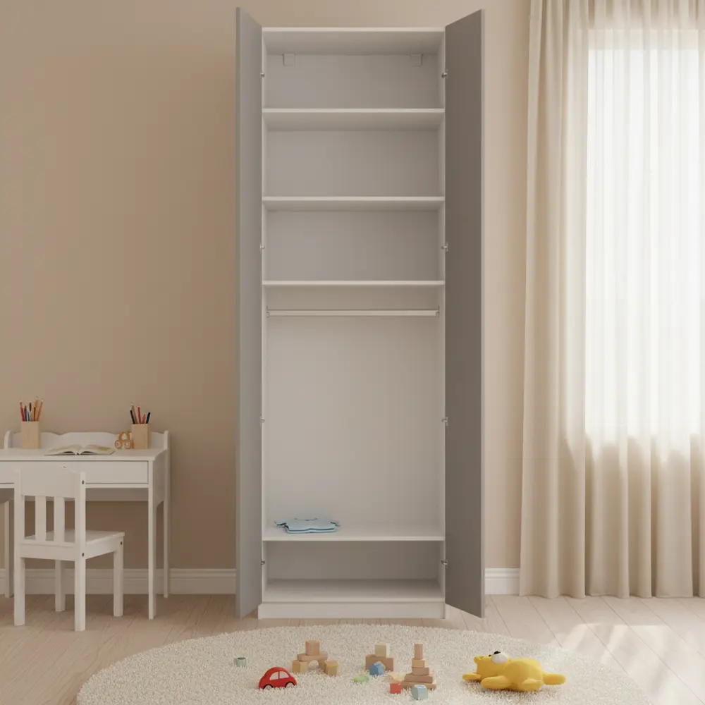 Фото 3 Шкаф распашной Лион серый глянец 80х232,2х54,5 с 4 полками и штангой ЛДСП белый Фото 3 Шкаф распашной Лион серый глянец 80х232,2х54,5 с 4 полками и штангой ЛДСП белый