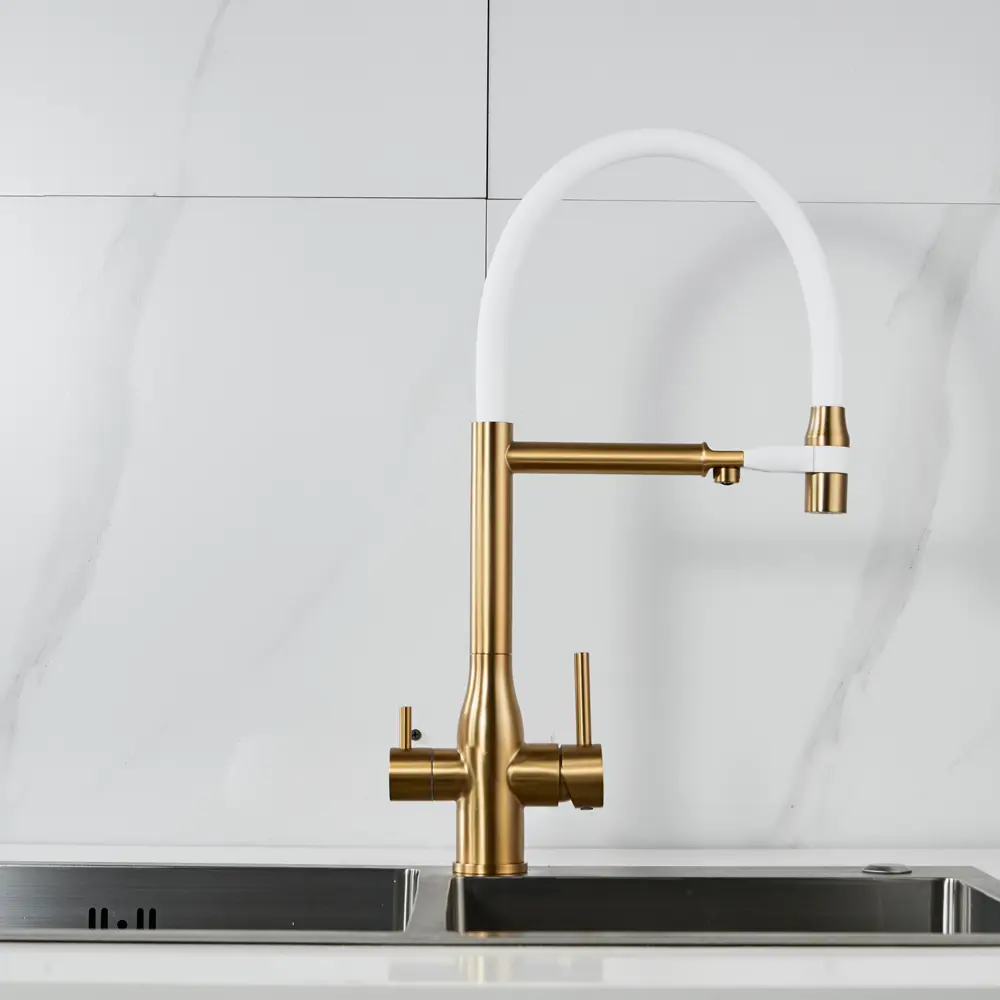 Фото 24 Смеситель для кухни Shevanik S378G-LM гибкий излив 23.1 см цвет золотой сатин;белый