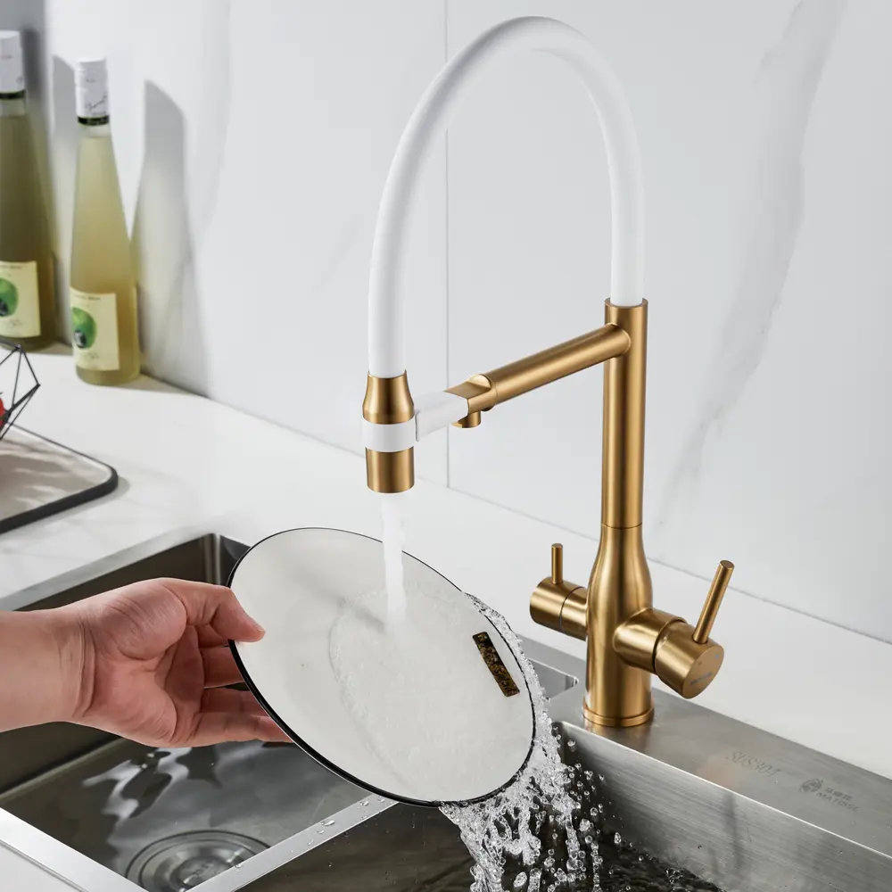 Фото 11 Смеситель для кухни Shevanik S378G-LM гибкий излив 23.1 см цвет золотой сатин;белый