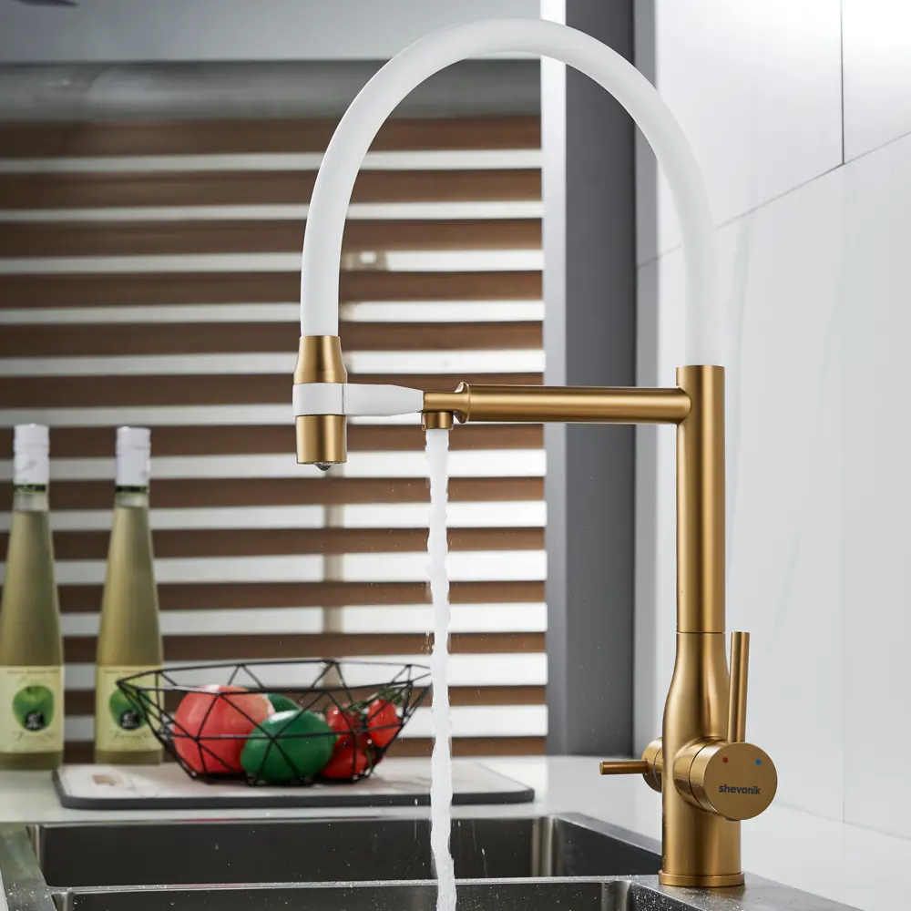 Фото 6 Смеситель для кухни Shevanik S378G-LM гибкий излив 23.1 см цвет золотой сатин;белый