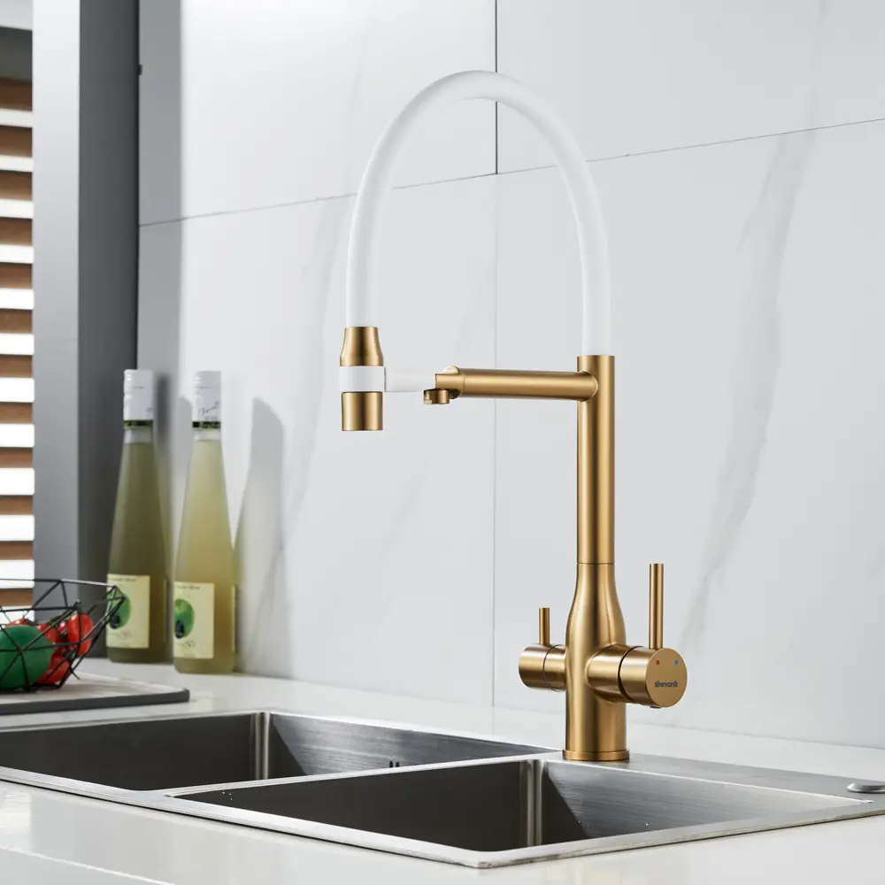 Фото 19 Смеситель для кухни Shevanik S378G-LM гибкий излив 23.1 см цвет золотой сатин;белый