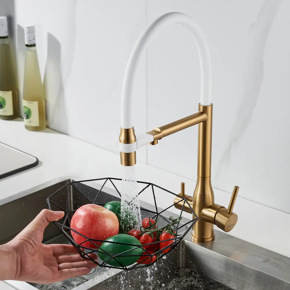 Фото 10 Смеситель для кухни Shevanik S378G-LM гибкий излив 23.1 см цвет золотой сатин;белый