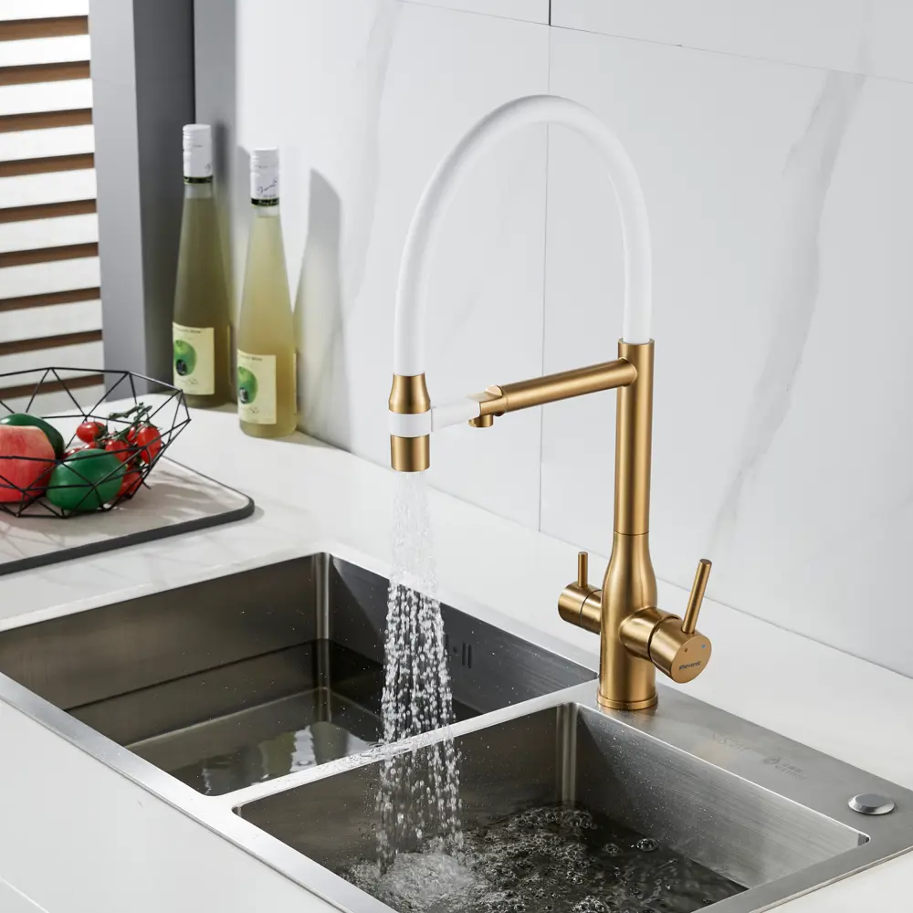 Фото 13 Смеситель для кухни Shevanik S378G-LM гибкий излив 23.1 см цвет золотой сатин;белый