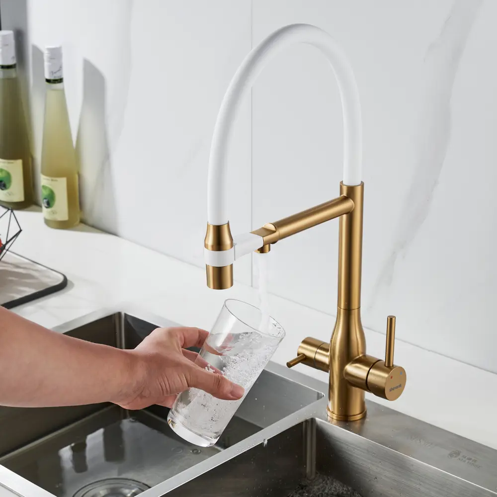 Фото 9 Смеситель для кухни Shevanik S378G-LM гибкий излив 23.1 см цвет золотой сатин;белый