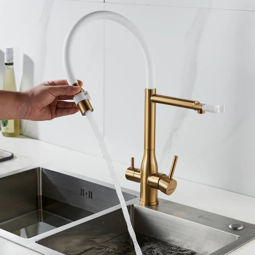 Фото 8 Смеситель для кухни Shevanik S378G-LM гибкий излив 23.1 см цвет золотой сатин;белый