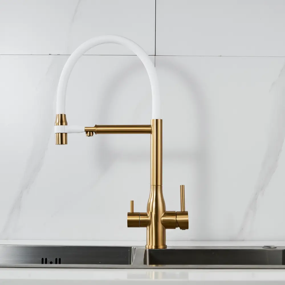 Фото 25 Смеситель для кухни Shevanik S378G-LM гибкий излив 23.1 см цвет золотой сатин;белый