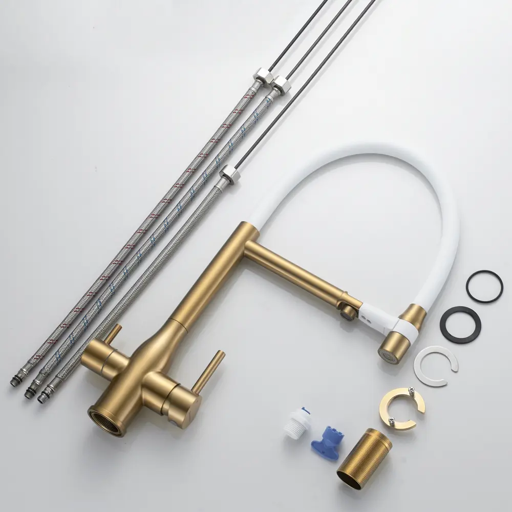 Фото 3 Смеситель для кухни Shevanik S378G-LM гибкий излив 23.1 см цвет золотой сатин;белый