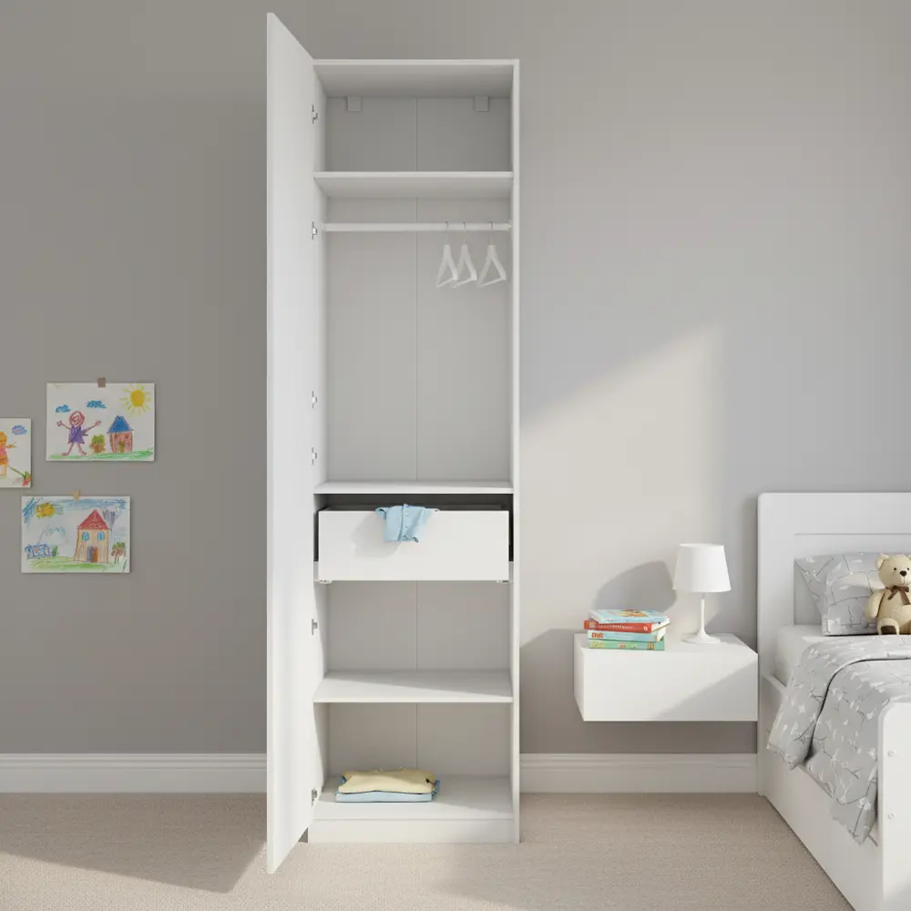 Фото 3 Шкаф распашной Лион белый  60х232,2х54,5  с 3 полками, штангой и ящиком ЛДСП каркас белый