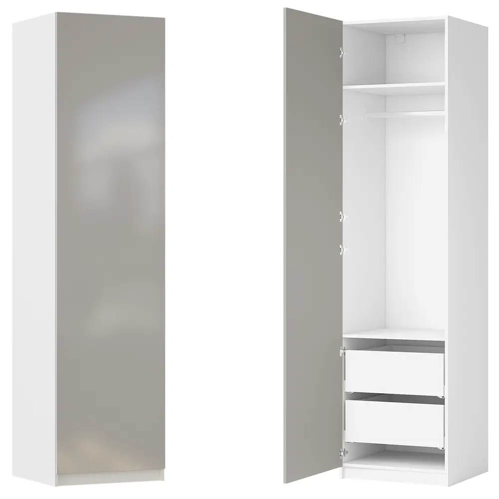 Фото Шкаф распашной Лион серый глянец  60х232,2х54,5  с 2 полками, штангой и 2 ящиками ЛДСП каркас белый