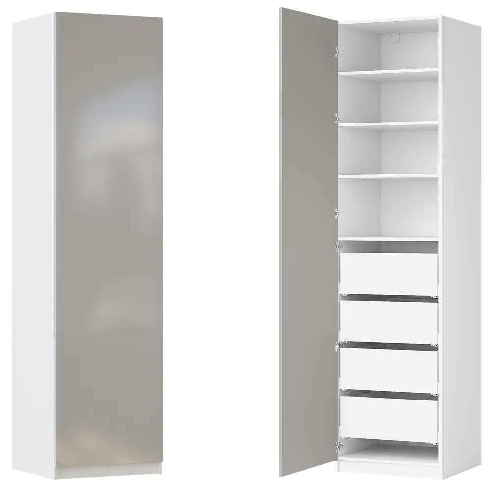 Фото Шкаф распашной Лион серый глянец  60х232,2х54,5  с 4 полками и 4 ящиками ЛДСП каркас белый