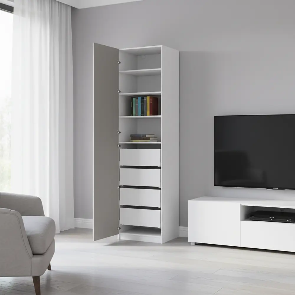 Фото 3 Шкаф распашной Лион серый глянец  60х232,2х54,5  с 4 полками и 4 ящиками ЛДСП каркас белый