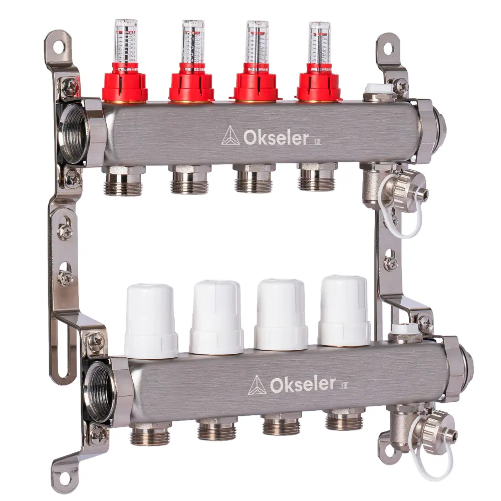 Фото 3 Коллекторная группа с расходомерами Okseler Oks00314 1"x3/4" евроконус 4 выхода нержавеющая сталь