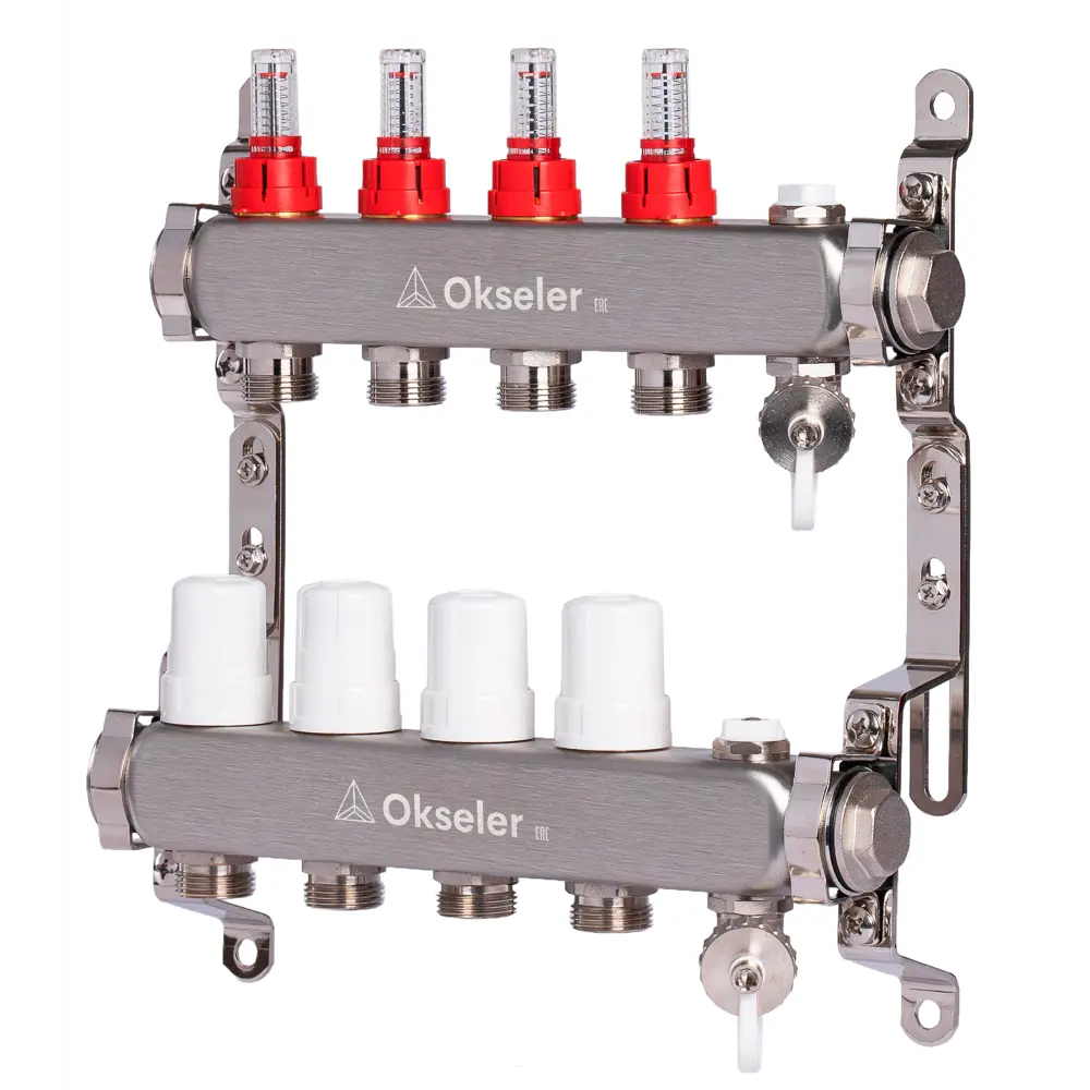Фото 6 Коллекторная группа с расходомерами Okseler Oks00314 1"x3/4" евроконус 4 выхода нержавеющая сталь