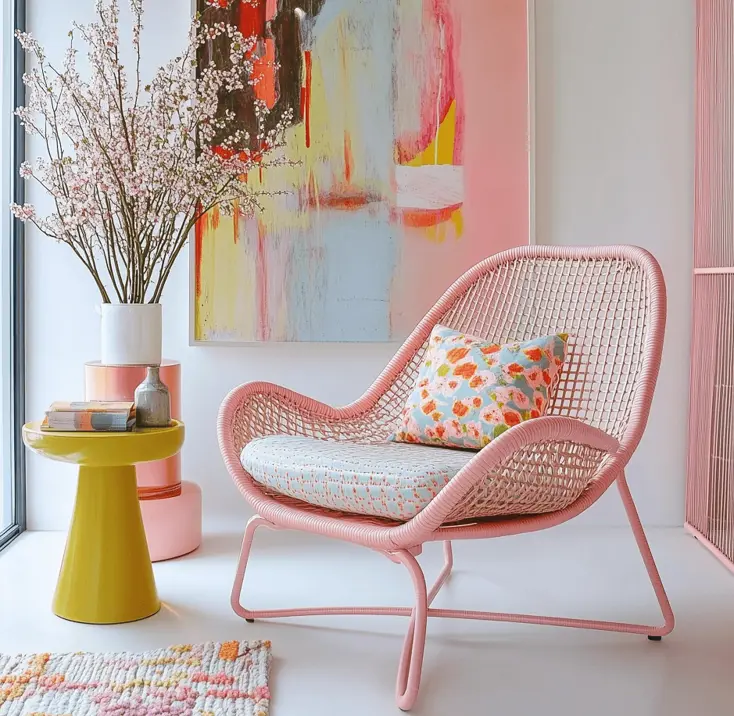 Розовое кресло и жёлтый столик в интерьере.