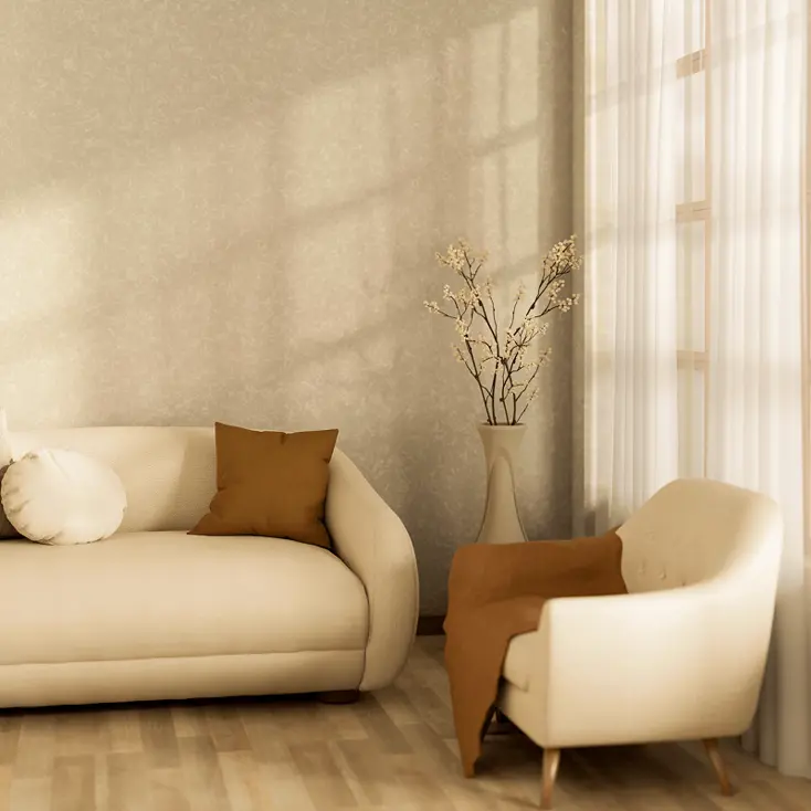 Солнечная гостиная в бежевых оттенках.