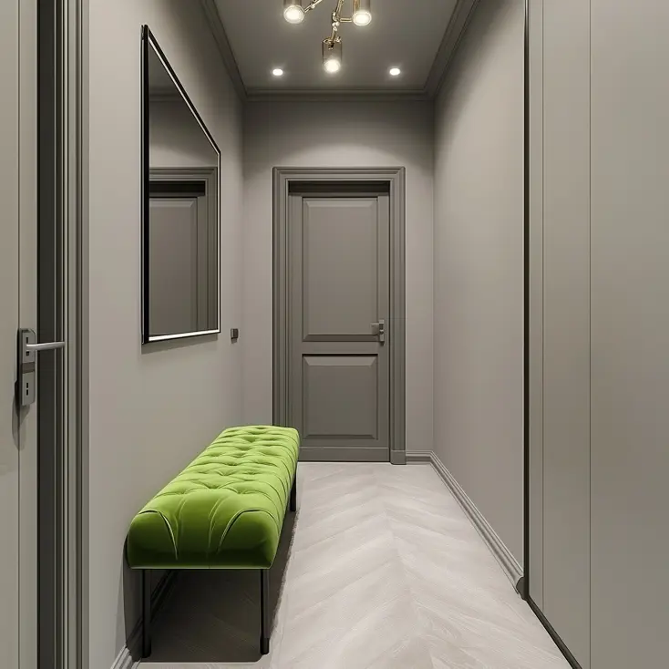 Серая прихожая с ярким акцентом в виде зелёного пуфа.