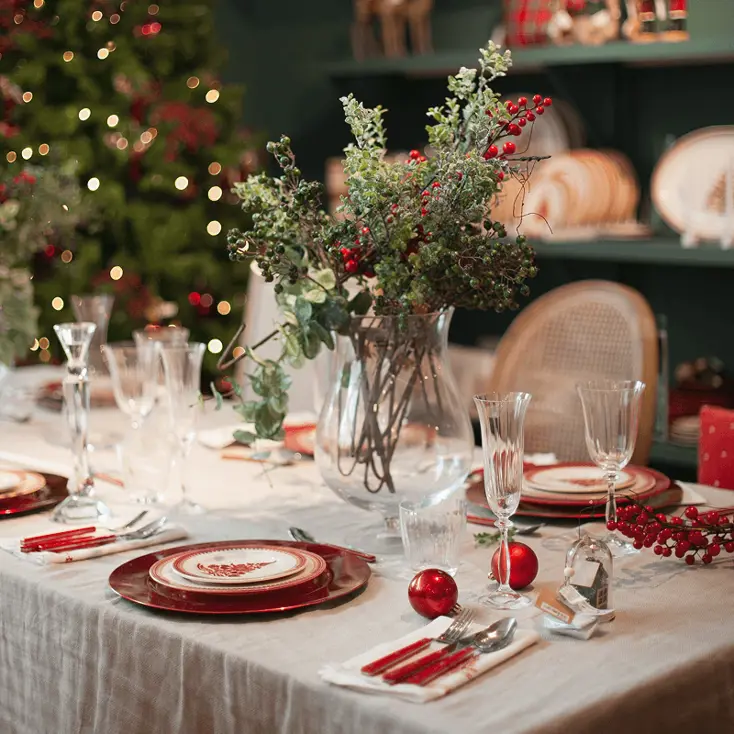 Новогодняя сервировка в традиционных цветах.