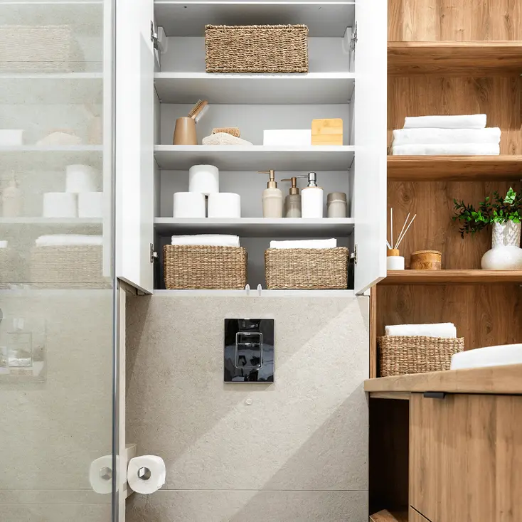 Система хранения во всю стену в санузле.